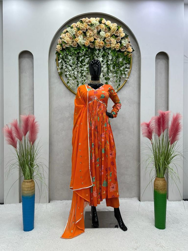 Awesome Alia Cut Orange Color Digital Print With Hand Work Anarkali Suit