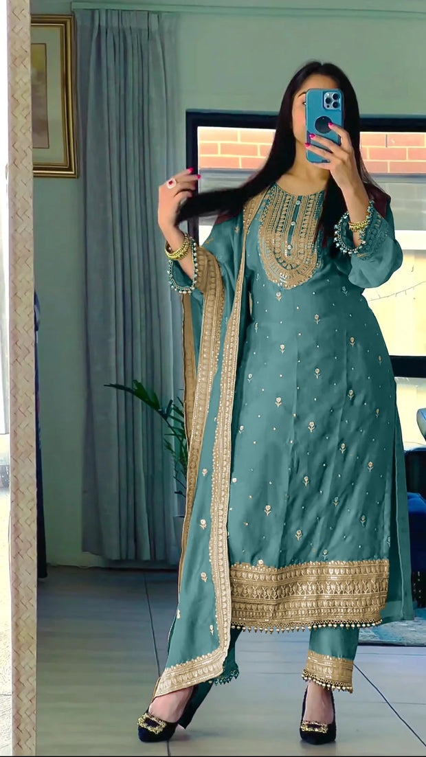 Superb Blue Color Chinnon Silk Embroidery Salwar Suit