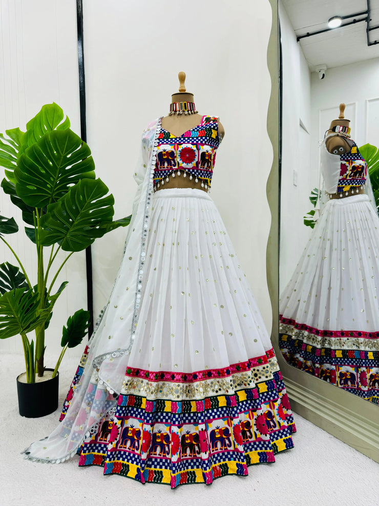 -38%    White Color Chain Stitch WIth Mirror Work Navratri Lehenga Choli