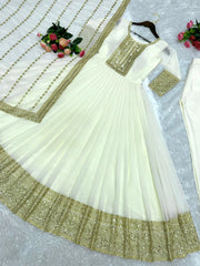 Shining Golden Sequence Work Long White Gown WIth Dupatta