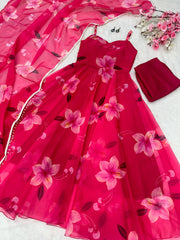 Stunning Classic Red Color Wear Digital Printed Organza Gown