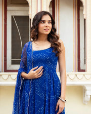 Stunning Classic Blue Color Wear Digital Printed Organza Gown