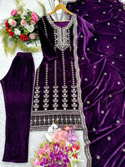 Beautiful Wine Color Velvet 5mm Sequence Work Salwar Suit