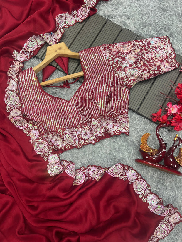 New launching Red Color Lace Border Saree With Work Blouse