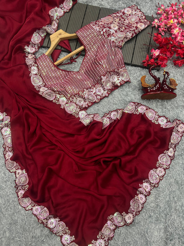 New launching Red Color Lace Border Saree With Work Blouse