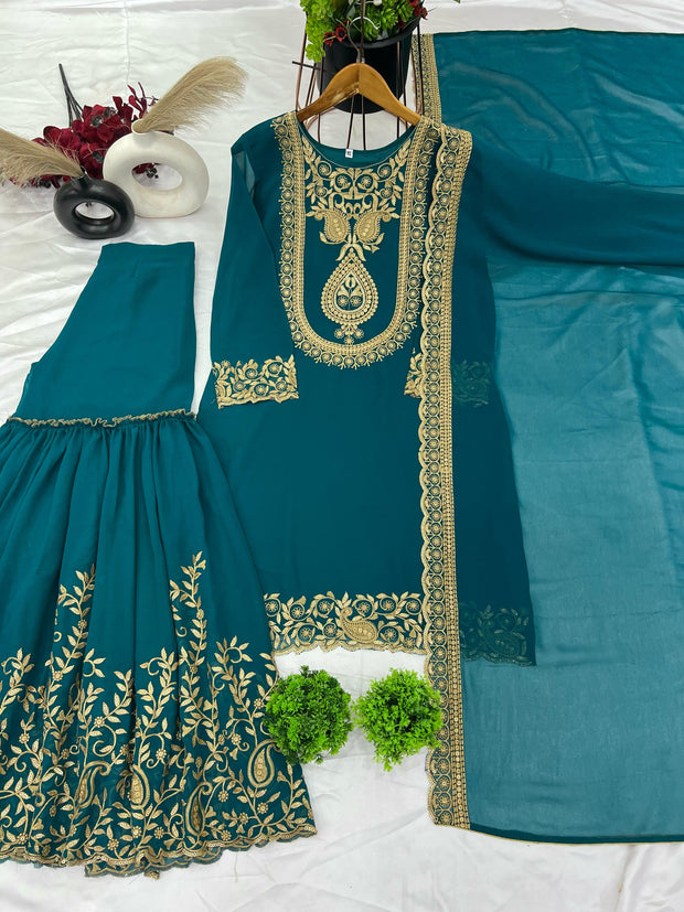 Blissful Teal Blue Color Sequence Thread Work Sharara Suit
