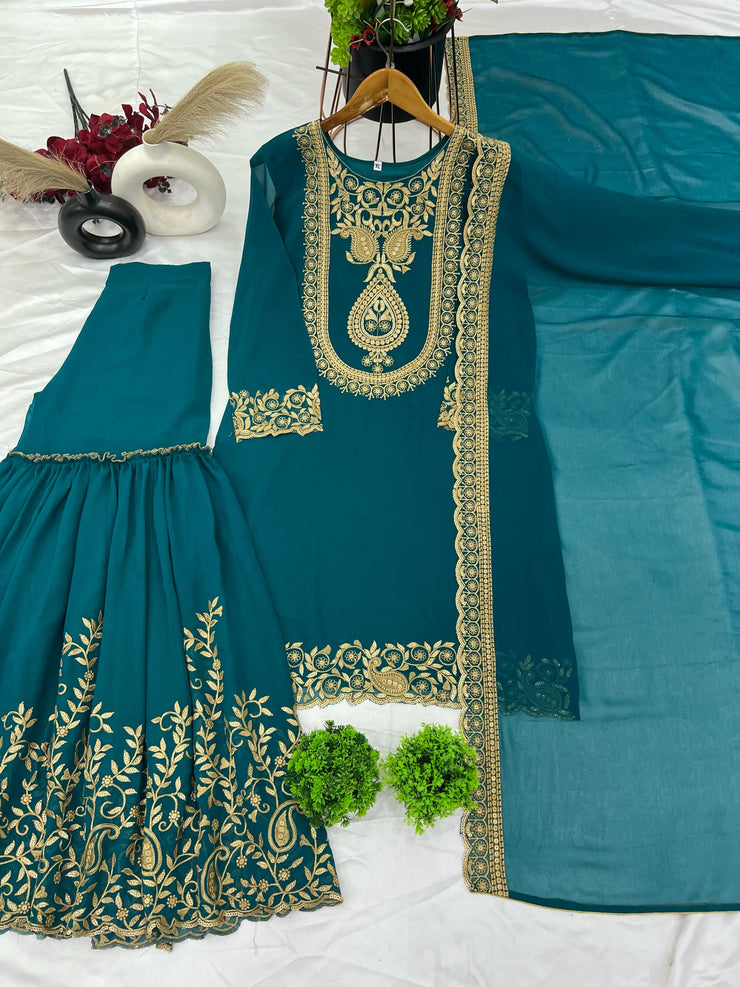 Traditional Wear Embroidery Work Teal Blue Color Sharara Suit