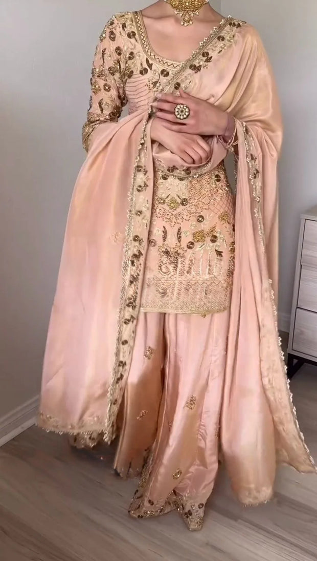 Elegant Jalpari Cotton Embroidery Work Peach Color Sharara Suit
