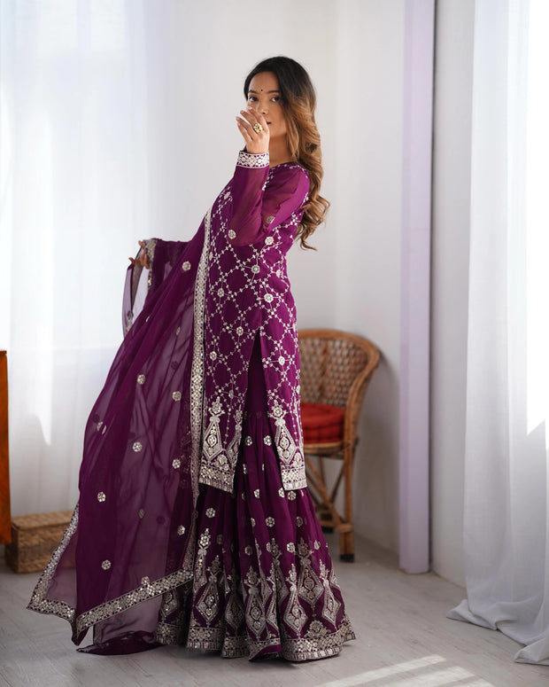 Adorable Georgette Thred Work Wine Color Sharara Suit