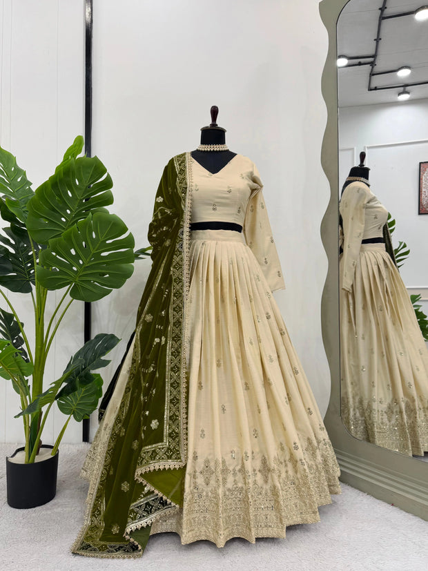 Party Wear Thread With Sequence Work Of White Color Lehenga Choli