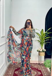 Designer Georgette Navy Blue Multi Color Ready To Wear Saree