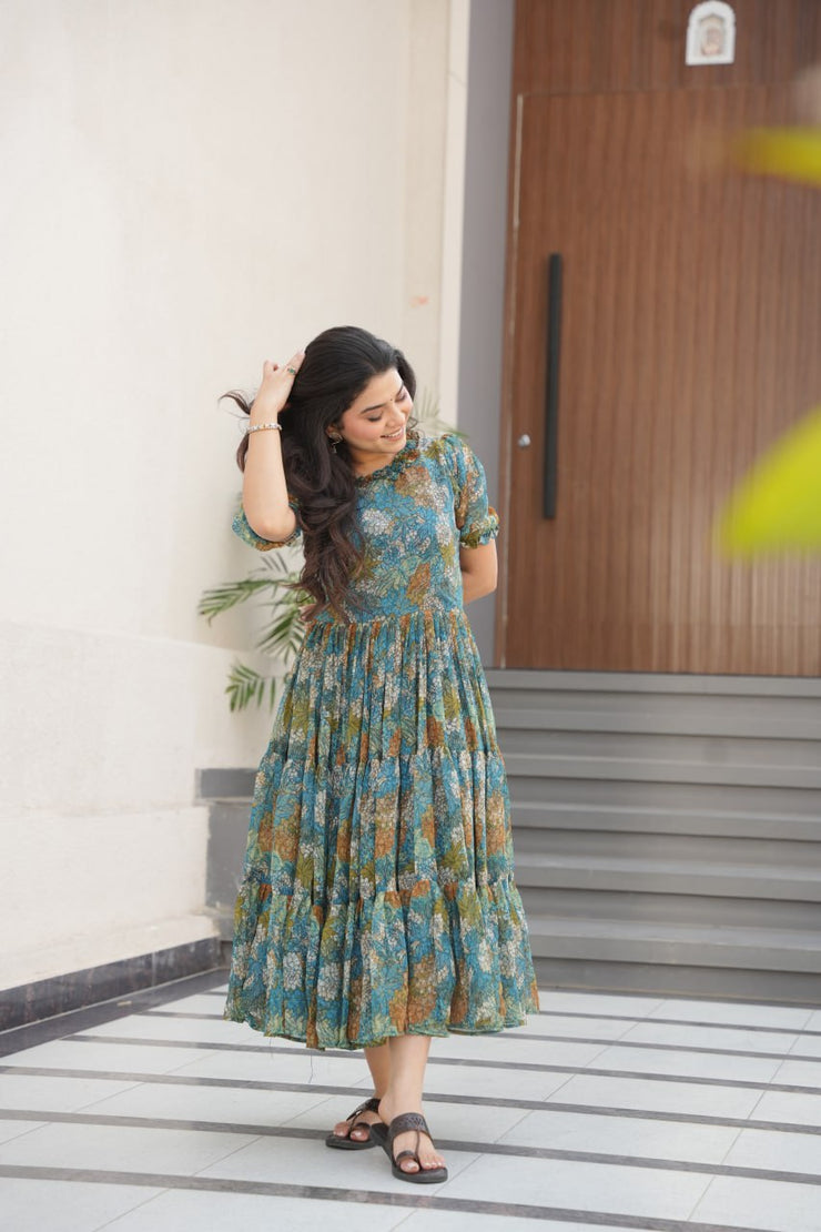 Desirable Women's Full Flair Gown Made With Faux Georgette Fabrics With Print