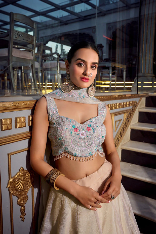 Classic Gold Crush Cream Color Lehenga Choli