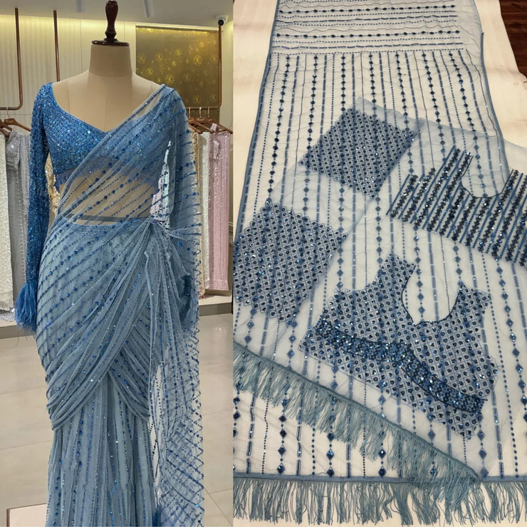 Elegant Blue Color Embroidery Work Saree