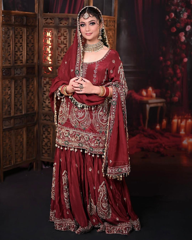 Designer Sequence Heavy Work Maroon Color Sharara Suit