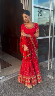 Presenting Georgette Red Color Embroidery Work Sharara Suit