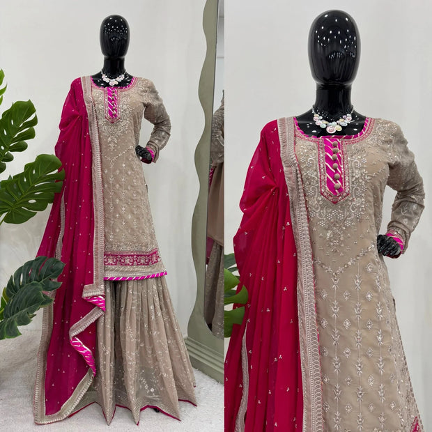 -44%   Ravishing Sequence Georgette Beige Color Sharara Suit