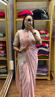 Classy Chinon Embroidery Work Peach Color Ready To Wear Sare
