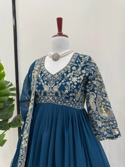 Flattering Heavy Work Navy Blue Color Gown