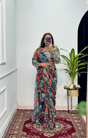 Designer Georgette Navy Blue Multi Color Ready To Wear Saree