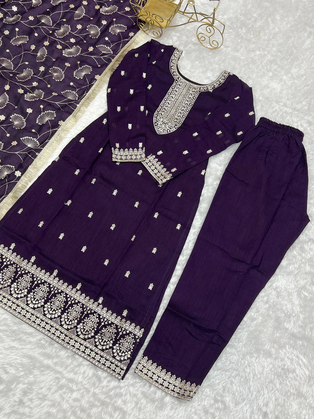 Attractive Wine Color Color Rangoli Silk Fabric Kurta With Dupatta Set