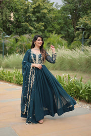 Shining Sequin Work Aqua Blue Color Long Gown