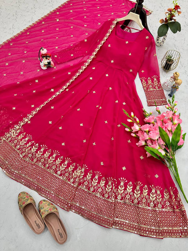 Captivating Embroidery Work Pink Color Anarkali Suit