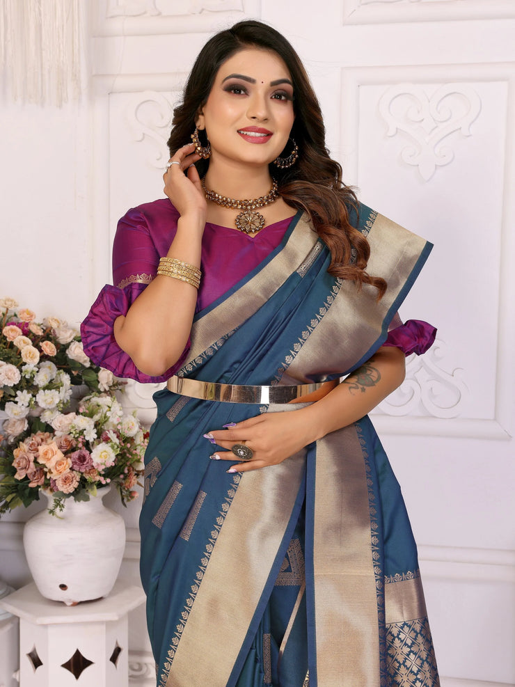 Attractive Soft Silk Navy Blue Color Saree
