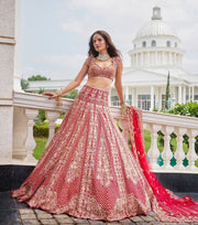 -50%   Exotic Malai Satin Jari Work Bridal Red Color Lehenga Choli