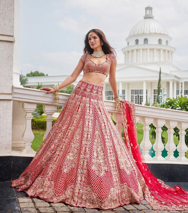-50%   Exotic Malai Satin Jari Work Bridal Red Color Lehenga Choli