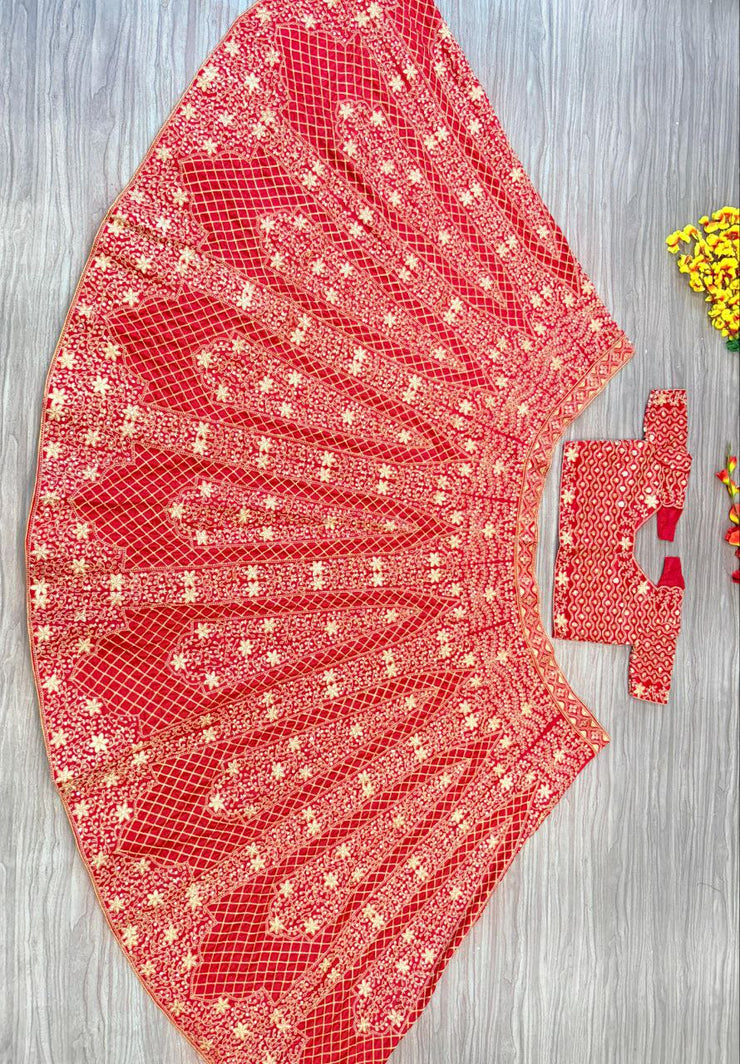 -50%   Exotic Malai Satin Jari Work Bridal Red Color Lehenga Choli