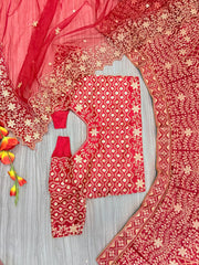 -50%   Exotic Malai Satin Jari Work Bridal Red Color Lehenga Choli