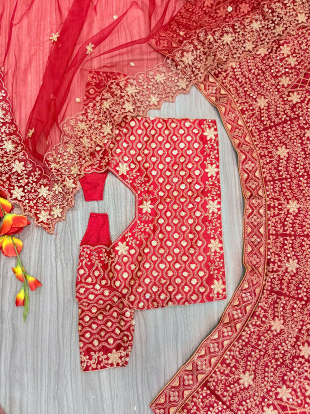 -50%   Exotic Malai Satin Jari Work Bridal Red Color Lehenga Choli