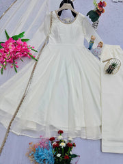 Fashionable White Color Georgette Anarkali Gown