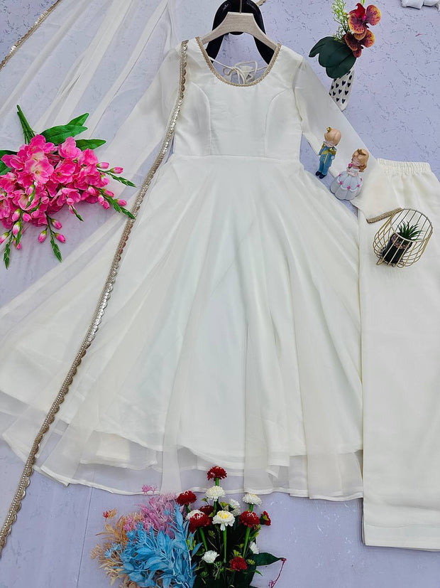 Fashionable White Color Georgette Anarkali Gown