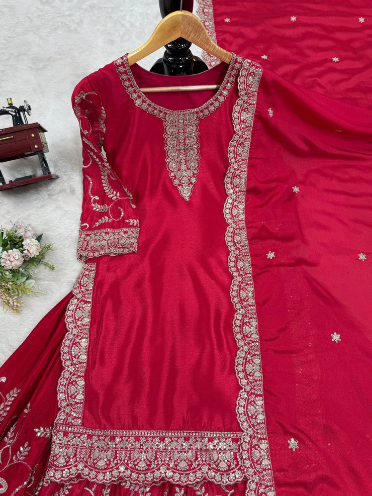 Elegant Red Color Chinon Silk Sharara Suit