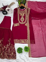 Blissful Maroon Color Sequence Thread Work Sharara Suit