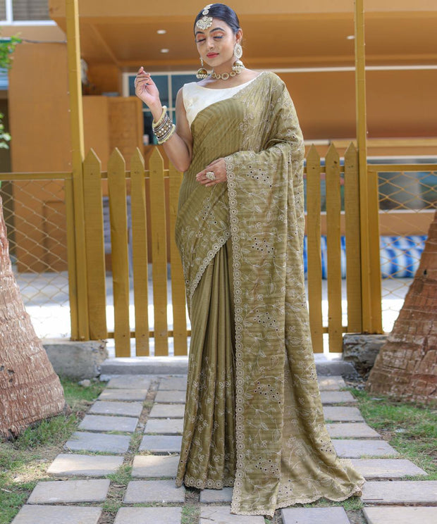 Captivating Silk Floral Design Mehndi Color Saree
