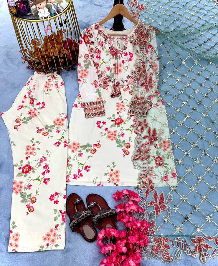 Delightful Modal Silk White Color Palazzo Suit