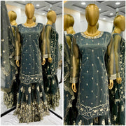 Peaceful Heavy Embroidery Work Green Color Sharara Suit