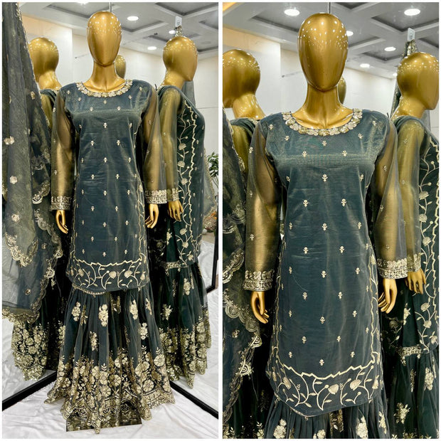 Peaceful Heavy Embroidery Work Green Color Sharara Suit