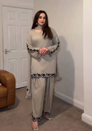 Captivating Embroidery Work Off White Color Palazzo Suit