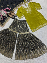 Captivating Chinon Silk Perrot Color Sharara Suit