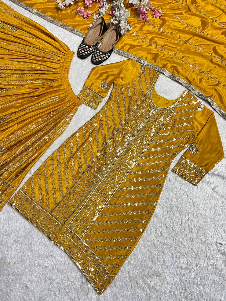 Outstanding Sequence Work Mustard Color Sharara Suit