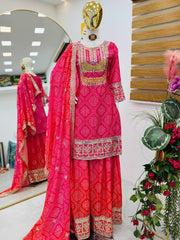 Glorious Chinon Silk Pink Color Sharara Suit
