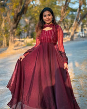 Flattering Sequence Work Maroon Color Anarkali Gown