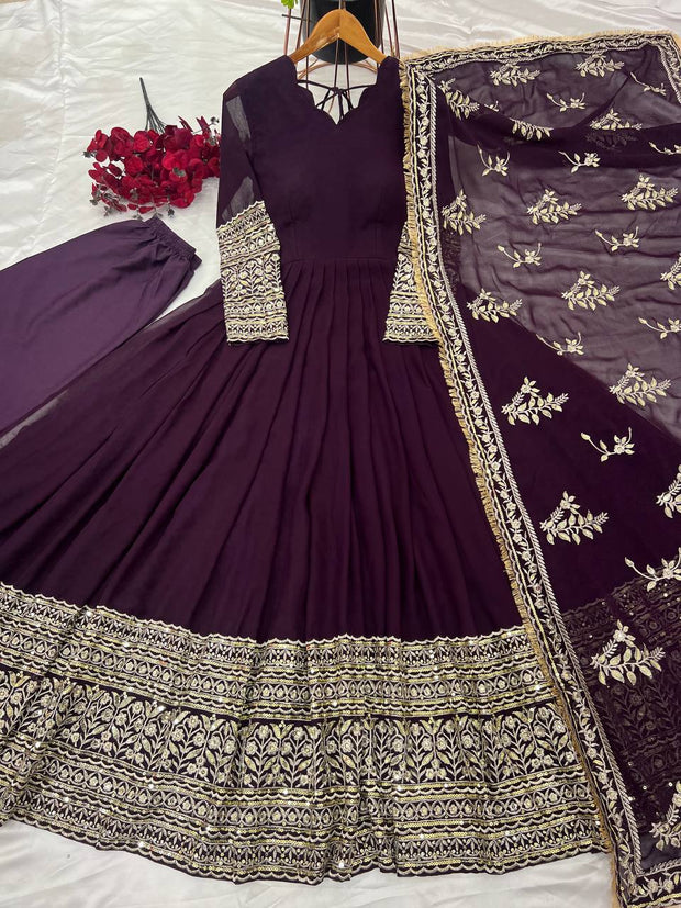 Heavy Sequence Work Wine Color Gown With Dupatta