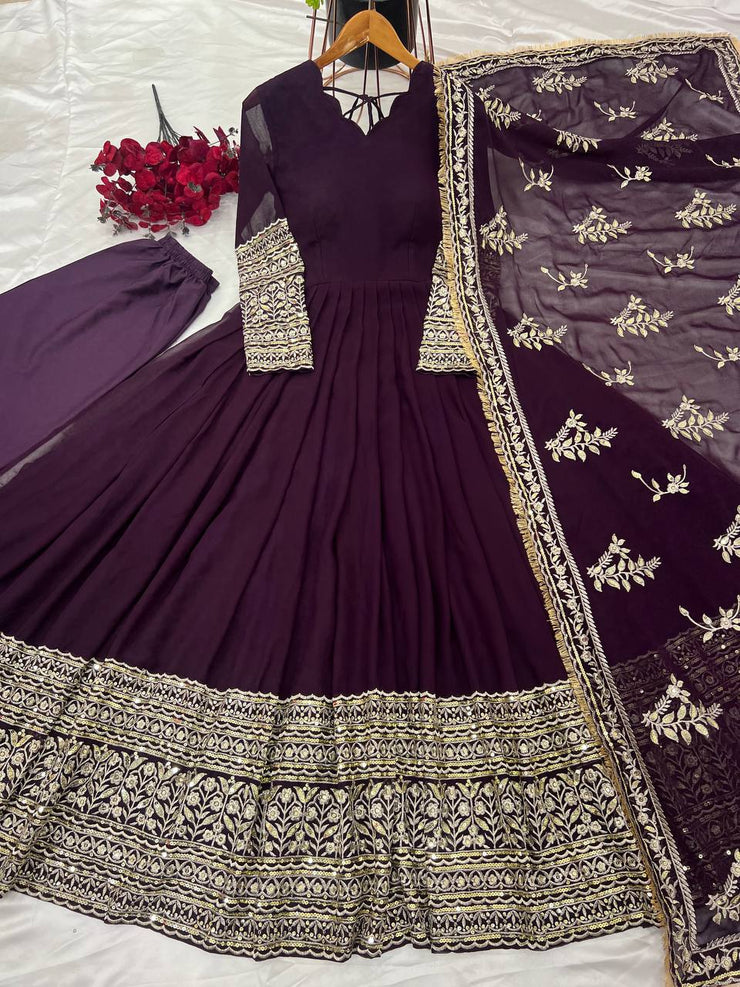 Heavy Sequence Work Wine Color Gown With Dupatta