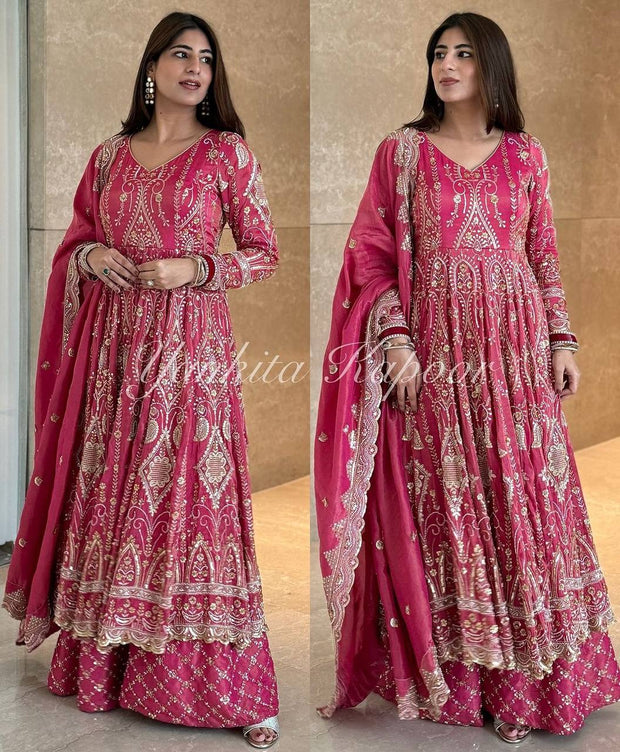 -50%    Function Wear Pink Color Heavy Work Long Top With Sharara