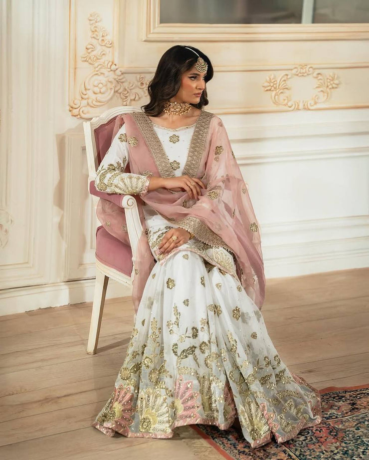 Good Looking Heavy Work White Color Sharara Suit